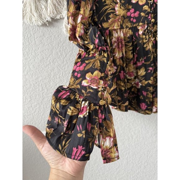 By Anthropologie Deep-V Tunic Floral Button Down Top Peasant Boho Coquette XS - Picture 5 of 13